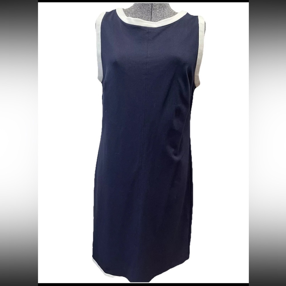 Talbots size 10 ladies navy blue w/white trim classic sleeveless dress-EUC